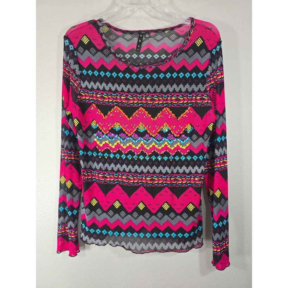 Vintage Y2k 90s AZI Size XL Colorful Floral Aztec Print Shirt Sequin boho top BL